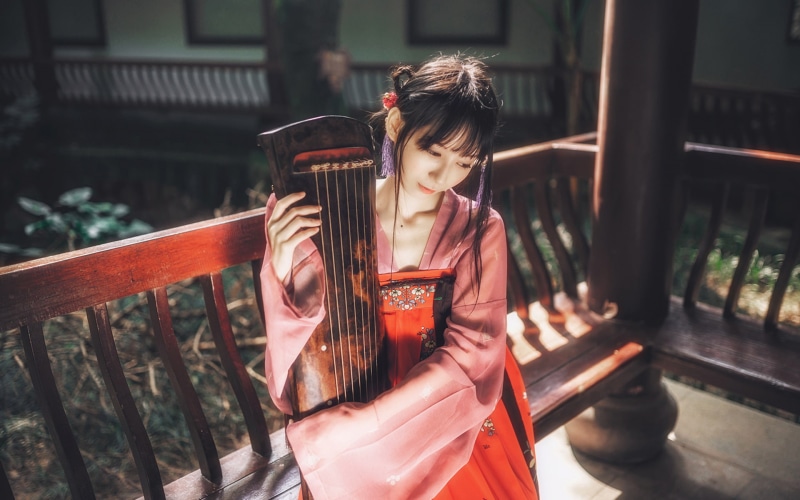 Chinese zither, hanfu, women, 1080P, Chinese dress, Asian