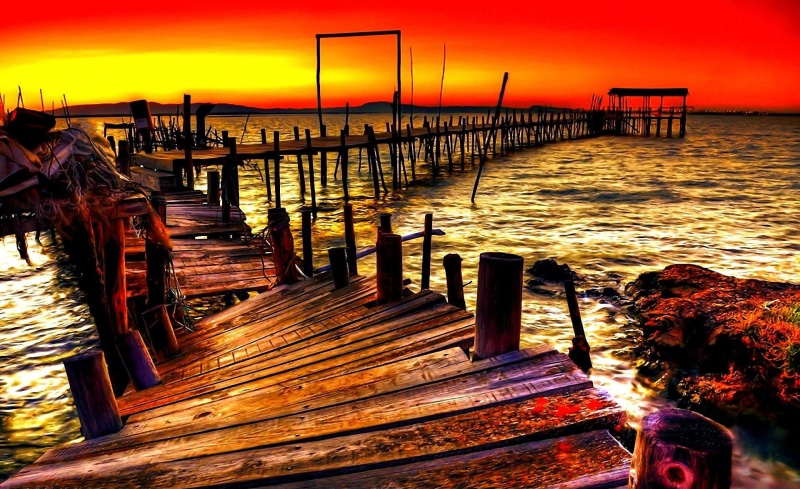 water, fishing cabin, foam, architecture, photoshop, pier, seaport, old, 1080P, artistic, lake, picture