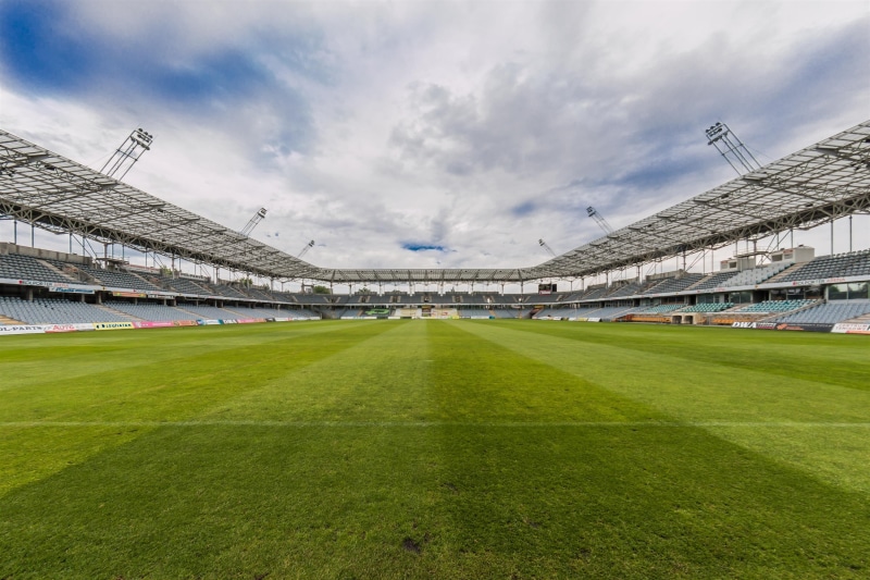 the pitch, built structure, day, 2K, soccer field, nature, bleachers, soccer, football, the ball, plant, competitive Sport, sport, green color, game, green