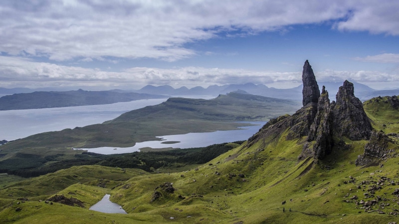 the storr, sky, remote, beauty in nature, white, water, scenics - nature, idyllic, Scotland, mountain, non-urban scene, tranquil scene, day, nature, tranquility