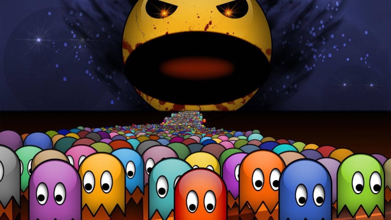 2K, emotion, night, large group of objects, dark, vector, close-up, indoors, Pacman, consumerism, studio shot, smiling, abundance, geek, celebration