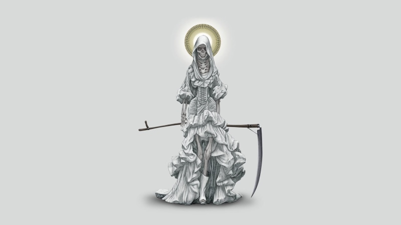 cut out, silver colored, statue, Kaguya, Grim Reaper, art, metal, full length, scythe, creativity, symbol, saint, spirituality, boots, angel, human representation
