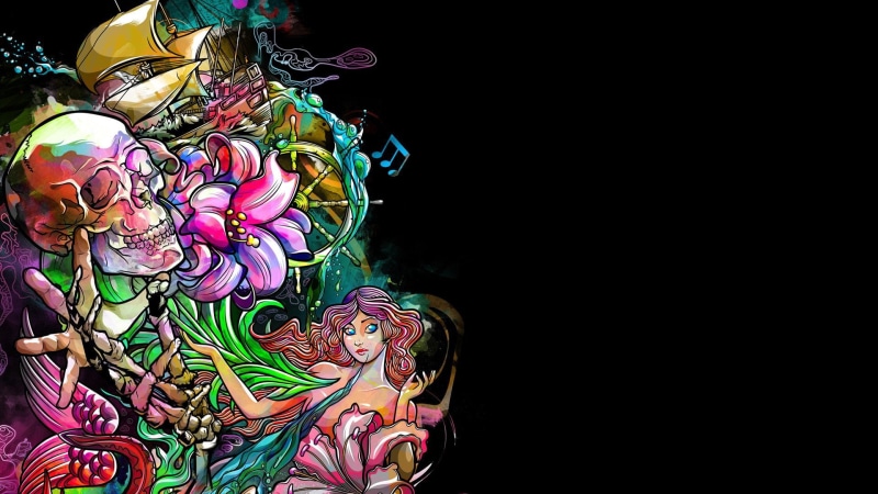 tattoo, mermaid, skull, fantasy, dark, psychedelic, 1080P
