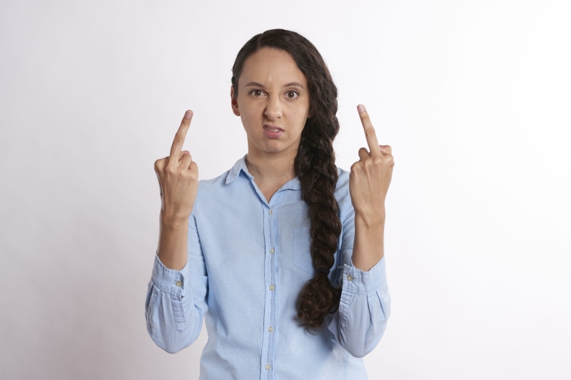 cut out, divorce, portrait, front view, stressed, frustrated, quarrel, mad, emotion, arguing, human limb, middle finger, hand gesture, anger, looking at camera