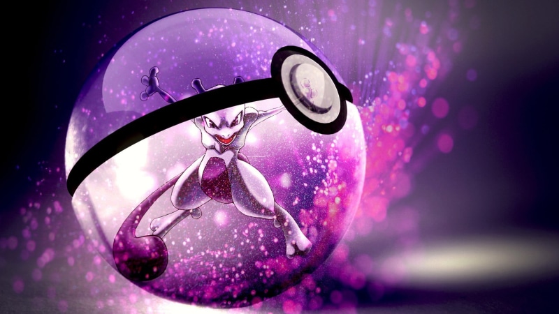 indoors, ball, pokemon, nature, Mewtwo, purple, geometric shape, reflection, glass - material, Pokémon, 1080P, drop, selective focus, shape