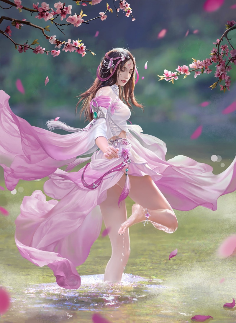 barefoot, water, lake, brunette, feet, fantasy girl, pink, anime, fall, 720P, spring, dress