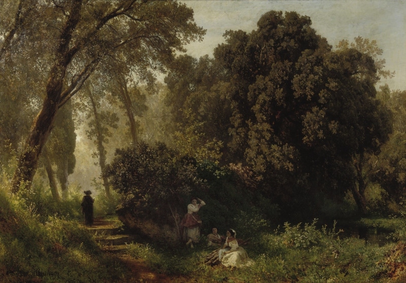 tree, artistry, lifestyles, forest, pathway, oswald achenbach, outdoors, group of people, nature, women, 2K, sky, countryside, day, green color, outside