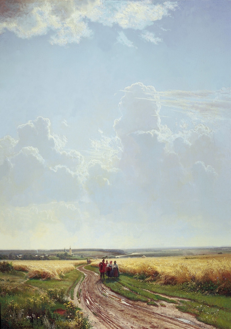 transportation, tranquil scene, ivan shishkin, countryside, trees, rural scene, field, 1080P, wheat, sky, flowers, landscape, rural, farm, outdoors, artistry