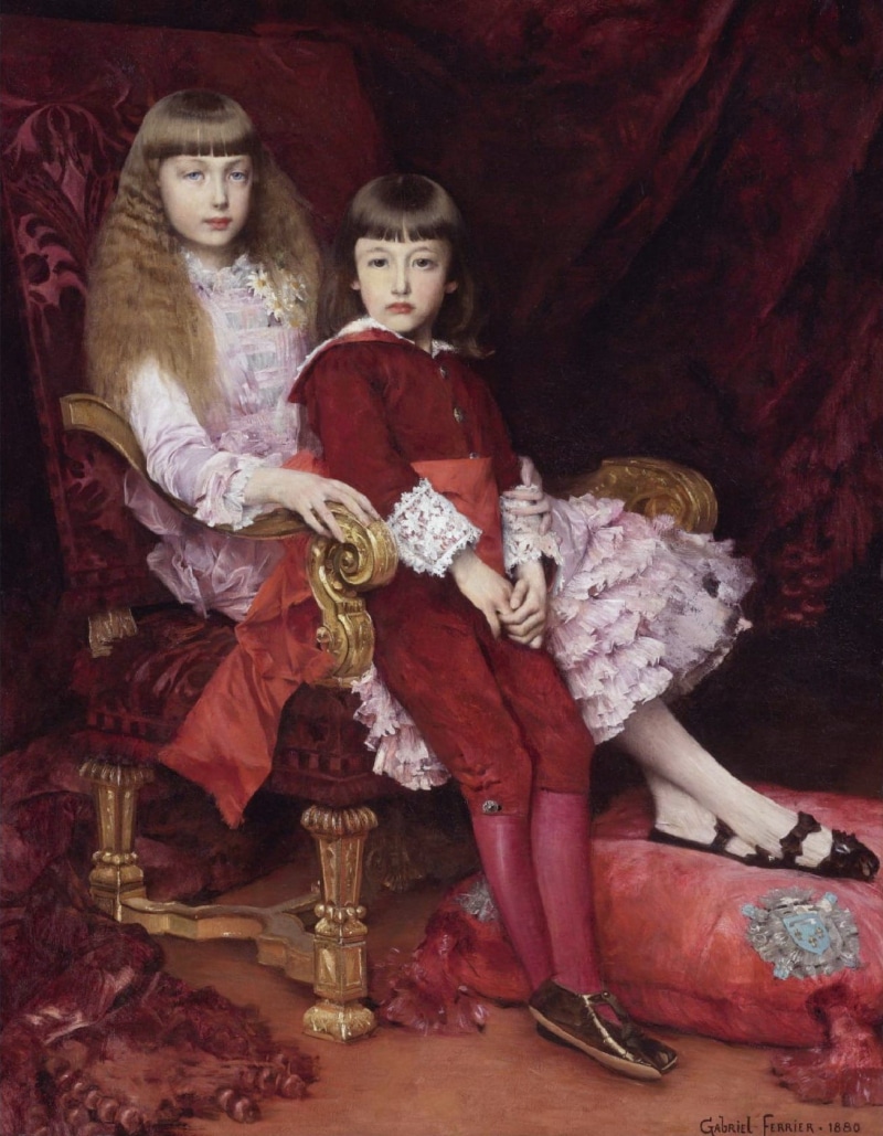 art, child, clothing, artistry, indoors, full length, looking at camera, artistic, togetherness, human representation, front view, two, girls, sitting