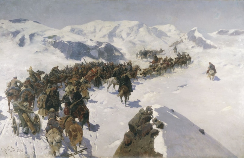 Franz Roubaud, plants, countryside, cavalry, snowcapped mountain, solid, artistry, day, leisure activity, only men, nature, mountain range, snow, Painting