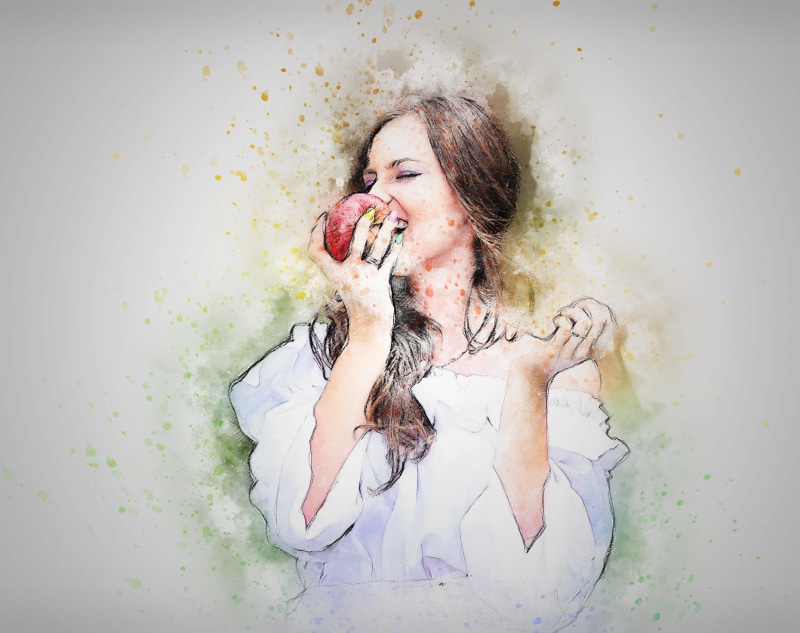 vintage, gray, adults only, one woman only, red, woman eating apple, people, 1080P, eating, only women, beautiful woman, painting, girl, front view, one person