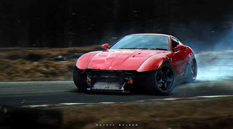Ferrari 599, motor vehicle, drift, futuristic, travel, Stance, on the move, road, street, nature, rain, Khyzyl Saleem, rainy season, mode of transportation