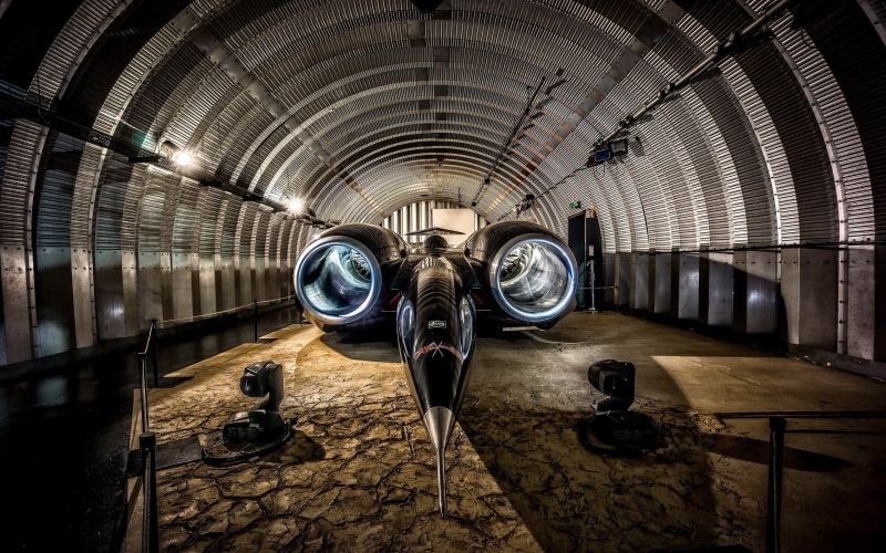technology, indoors, Thrust SSC, tunnel, machine, 2K, no people, space, vehicle, illuminated, digital art, architecture, arch, metal, ceiling, transportation