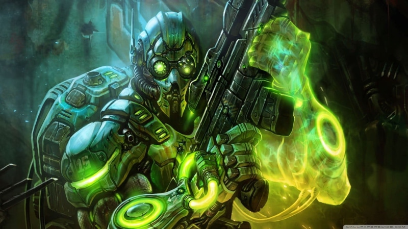 game, store, green color, still life, 720P, exosuit, retail, cover, focus on foreground, lighting equipment, Starcraft II, video games, StarCraft, illuminated