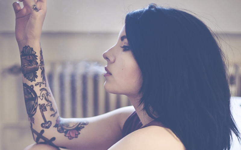 women, side view, woman, headshot, portrait, looking, dark hair, one person, profile, long hair, smoking, black hair, human arm, young women, tattoo, focus on foreground