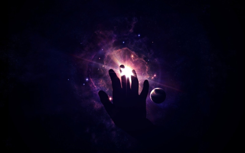 space art, illuminated, purple, night, beauty in nature, nature, star - space, digital art, 1080P, dark, human hand, human body part, person, space, hand