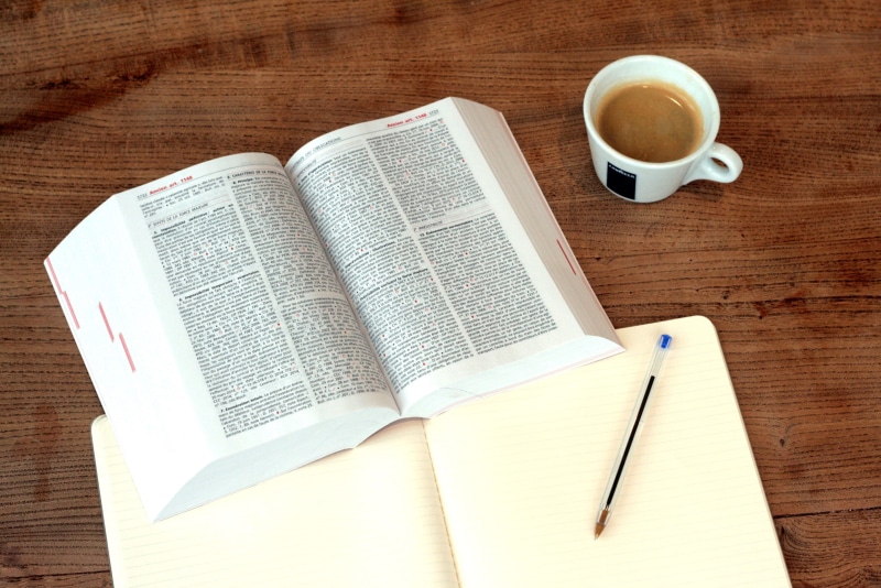 crockery, breakfast, student, wood - material, directly above, right, food and drink, refreshment, paper, table, book, to study, to write, coffee cup, study