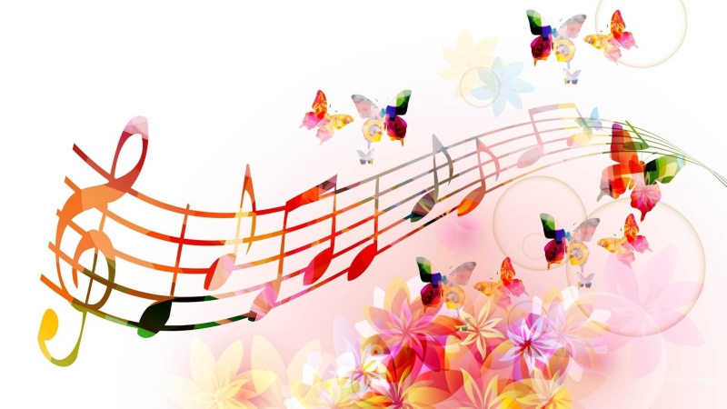 floral, colorful, bright, flowers, butterfly, blooms, notes, melody, musical, bubbles, 1080P, papillon, instruments, wings, music, butterflies