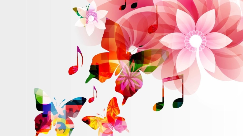 flower, song, music, colorful, flowers, pink, abstract, 3d and abs, butterflies, musical notes, 1080P, illustration, bright, summer, play, melody, notes