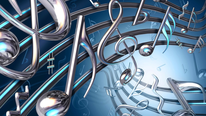 communication, full frame, silver colored, treble clef, 2K, close-up, sunlight, table, pattern, 3D, high angle view, digital art, metal, large group of objects