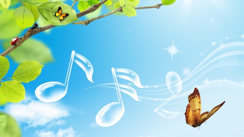 note, ladybug, leaves, spring, music notes, music, 3d and abstract, blue sky, summer, illustration, musical, 1080P, clear, butterflies, glass, clouds