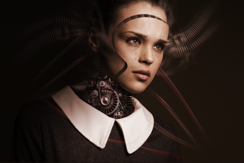 beautiful people, woman, cyborg, artificial intelligence, digitization, one person, photo, portrait, connections, sad, females, cry, ai, black background