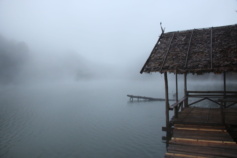 peace of mind, no people, built structure, beauty in nature, outdoors, 2K, tranquility, roof, fog, architecture, thatched roof, tranquil scene, nature