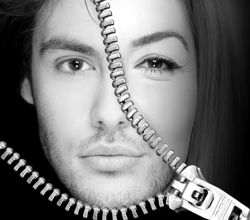 young woman, feminine, holding, man in woman, two faces, woman, female, masculine, person, body part, beauty, women, adult, male, hairstyle, studio shot