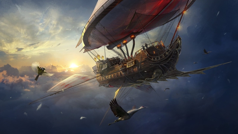 Pirate, Sky, by Ben doubt, Bird, Stork, Environments, 1080P, Clouds, The airship, Blimp, Airship, Ship, Storks, The sky, Fantasy, Fiction, The Uhuru, Birds