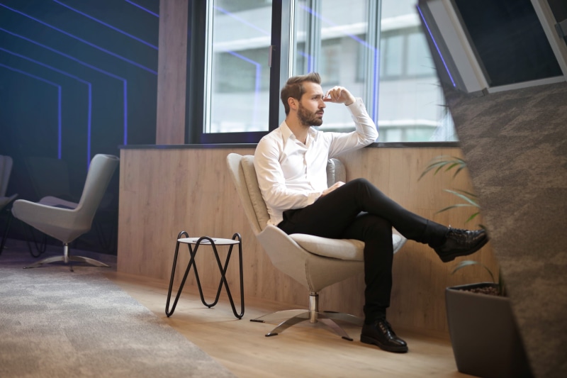 people, daytime, success, concept, window, person, 30-35 years old, chair, stubble, young adult, office, interior, one person, white, full length, chairs
