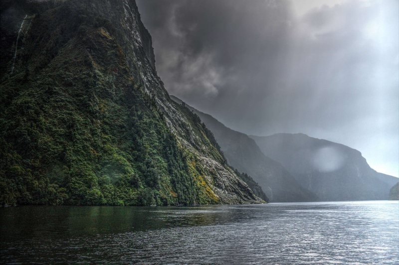 doubtful sound, sky, 4K, cloud - sky, silence, tranquility, water, waterfront, new zealand, natural, beauty in nature, day, nature, mountain, clouds, sunbeams