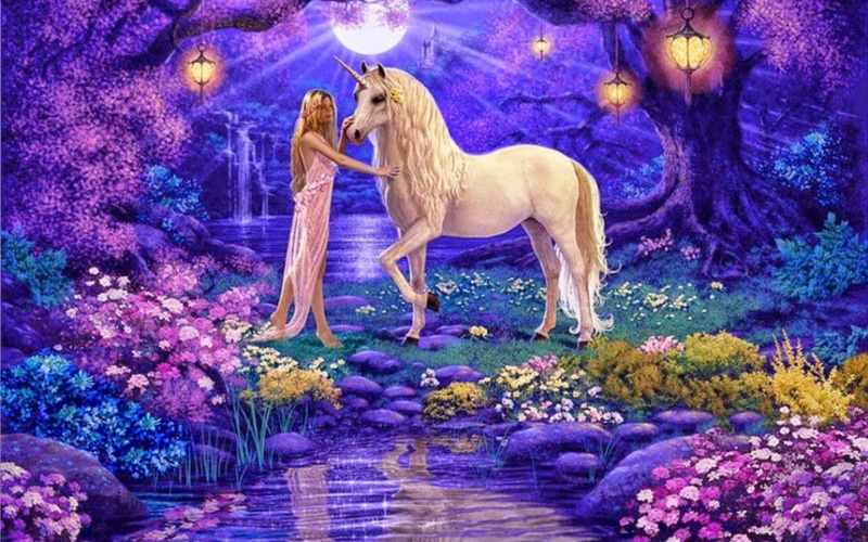 ninfa, 1080P, fantasia, bosques, unicornio