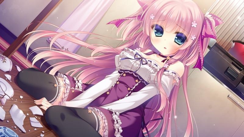 visual novel, pink hair, purple, dress, clothing, girl, celebration, technology, hakoniwa logic, indoors, pink, arts culture and entertainment, blond hair