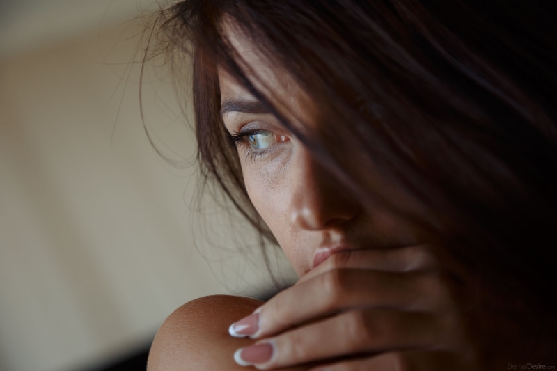 close-up, brunette, portrait, adult, hair, contemplation, mental health, indoors, human face, green eyes, brown hair, depression - sadness, looking, one person