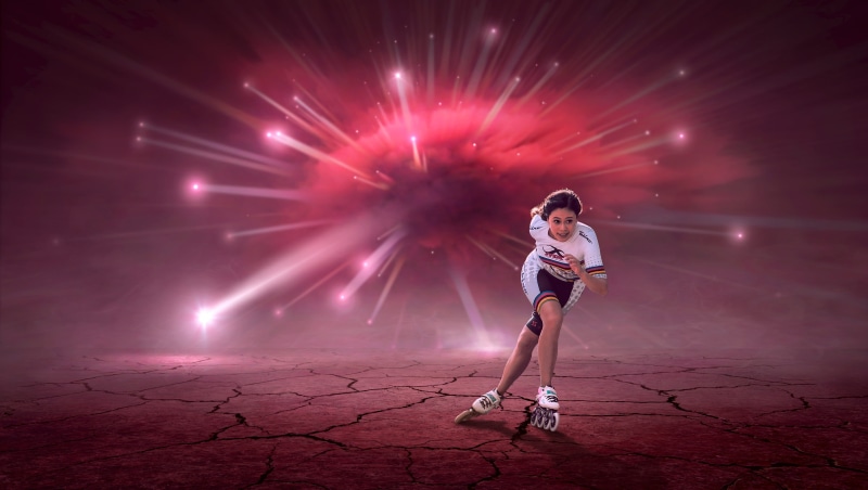 dream, pair, women, photo montage, standing, light, inline, childhood, young adult, stage, child, weird, inline skates, illuminated, female, offspring