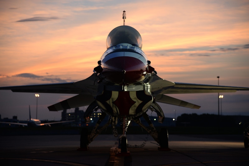 f-16, aerospace industry, fighter, airport runway, airshow, display, aviation, aerobatic, f-16 thunderbird, stationary, runway, thunderbirds, travel, orange color