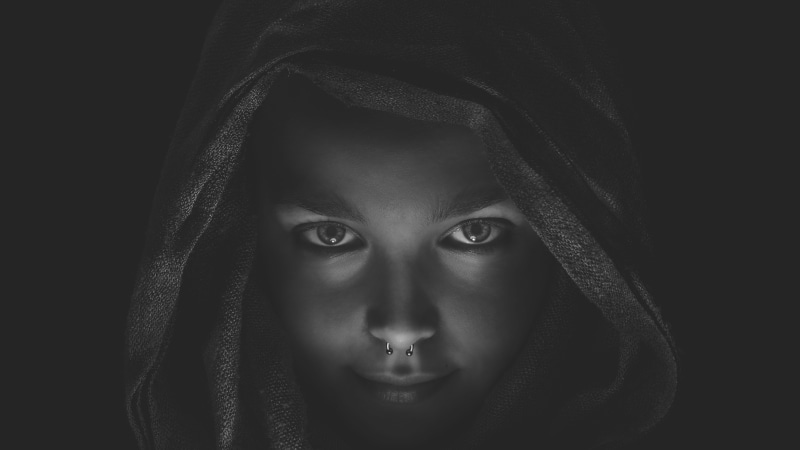 headshot, emotion, black Background, smiling, black And White, hood, front view, looking At Camera, clothing, sadness, females, looking, spooky, hood - clothing