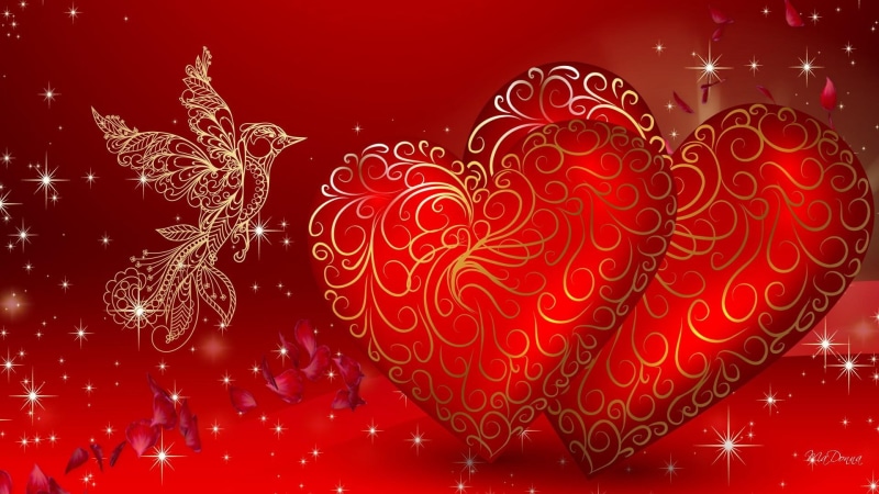valentine, stars, valentines day, 3d and abs, february, two, red, cupid, hearts, bird, gold, love, 1080P, hummingbird, sparkle, touch