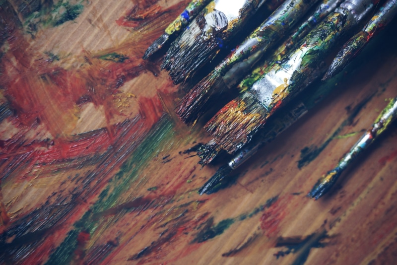 multi Colored, design, paintbrush, wooden, table, backgrounds, palette, creativity, painting, decoration, acrylic, no people, oil painting, supplies, style