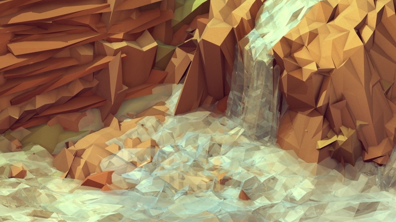 waterfall, illustration, digital art, brown, landscapes, falls, artwork, tim reynolds, waterfalls, low poly, white, hd, timothy j. reynolds, rocks, abstract