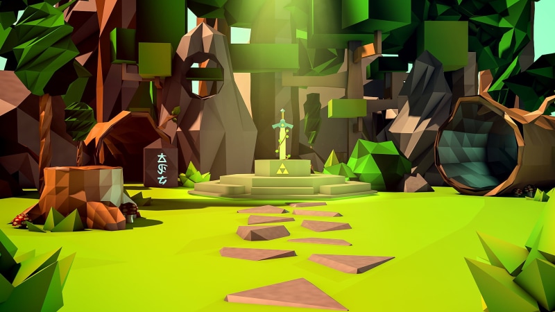 illuminated, Master Sword, art and craft, green color, wooden, abstract, nature, black, seat, 1080P, tunnel, The Legend of Zelda, technology, day, low poly