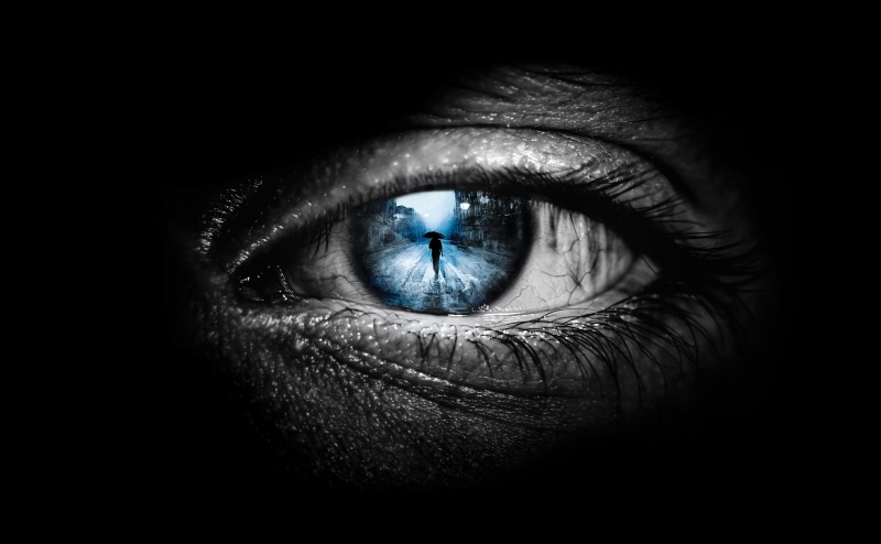 close-up, human face, eyebrow, sensory perception, body part, dark, rain, portrait, looking at camera, eye, iris - eye, universe, one person, adult, human