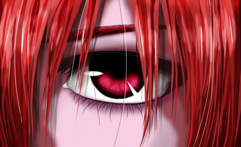 women, Elfen Lied, full frame, abstract, anime, panoramic, close-up, Nyu, eyeball, human face, red eyes, eyesight, human eye, eyes, body part, red, human body part