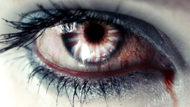 photography, portrait, bloody, adult, iris - eye, make-up, eyes, studio shot, extreme close-up, eyelash, human eye, one person, fear, eye, closeup, looking at camera