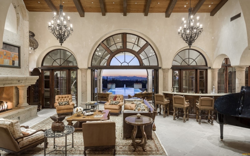 interior, chandeliers, fountain, indoors, 1080P, living rooms, mansions