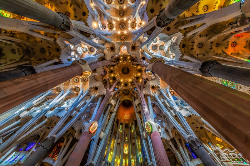 tourism, low angle view, travel destinations, directly below, art and craft, ceiling, architectural column, spain, 5K, indoors, sagrada familia, belief