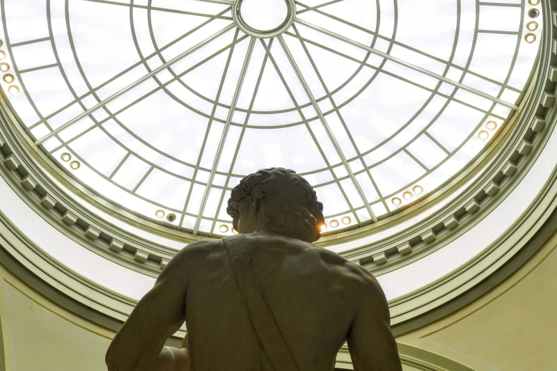 window, sculpture, waist up, italy, david, statue, metropolitan city of florence, men, skylight, museum, dome, art, 4K, rear view, built structure, standing