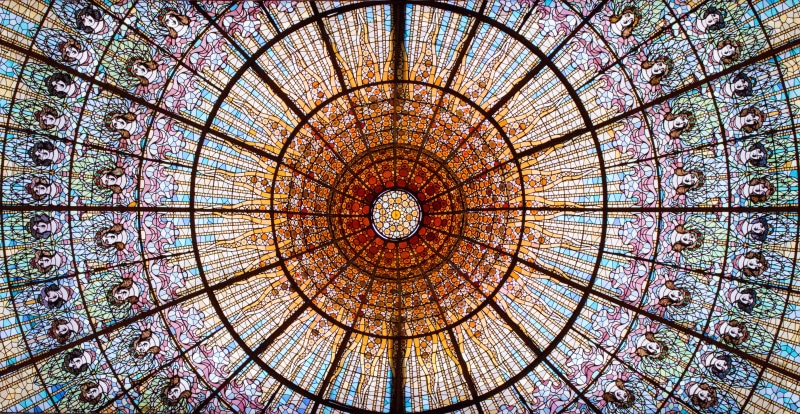 decoration, dome, low angle view, canon70d, pattern, spain, ornate, design, sky, no people, architecture, geometric shape, palau de la música catalana