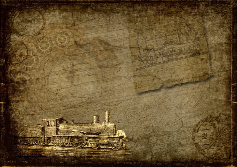 mechanically, copy space, painting, old, middle ages, clock, transport, locomotive, invention, stained, damaged, no people, frame, smudged, steampunk, wood - material