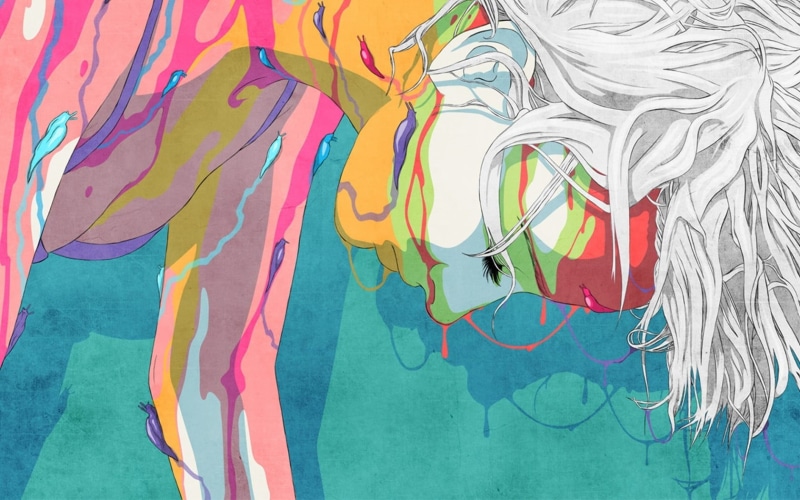 creativity, closed eyes, indoors, artwork, close-up, pattern, high angle view, messy, no people, day, multicolored, full frame, vibrant color, graffiti